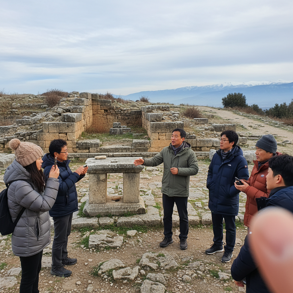 인적이 드문 고대 유적지에서 가이드의 설명을 듣는 모습