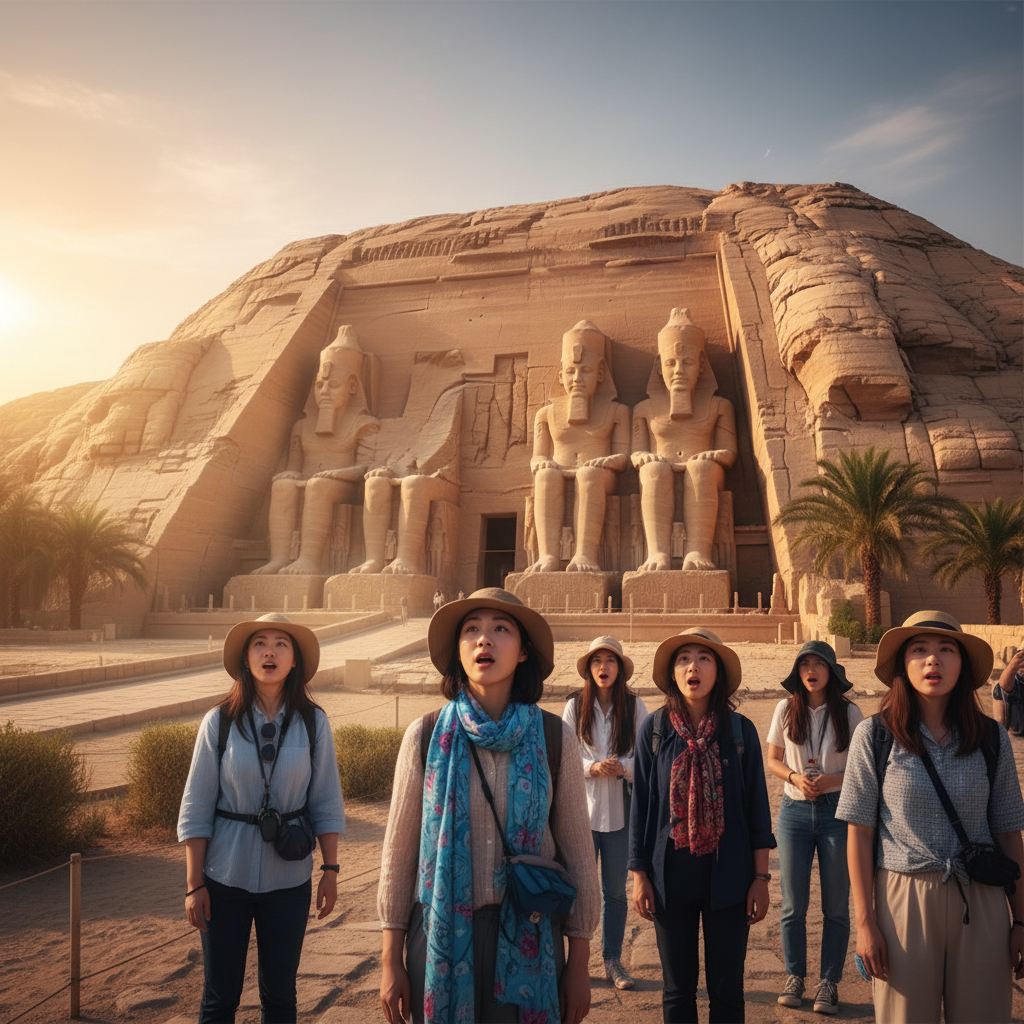 일출 햇살을 받아 웅장하게 빛나는 아부심벨 대신전 정면