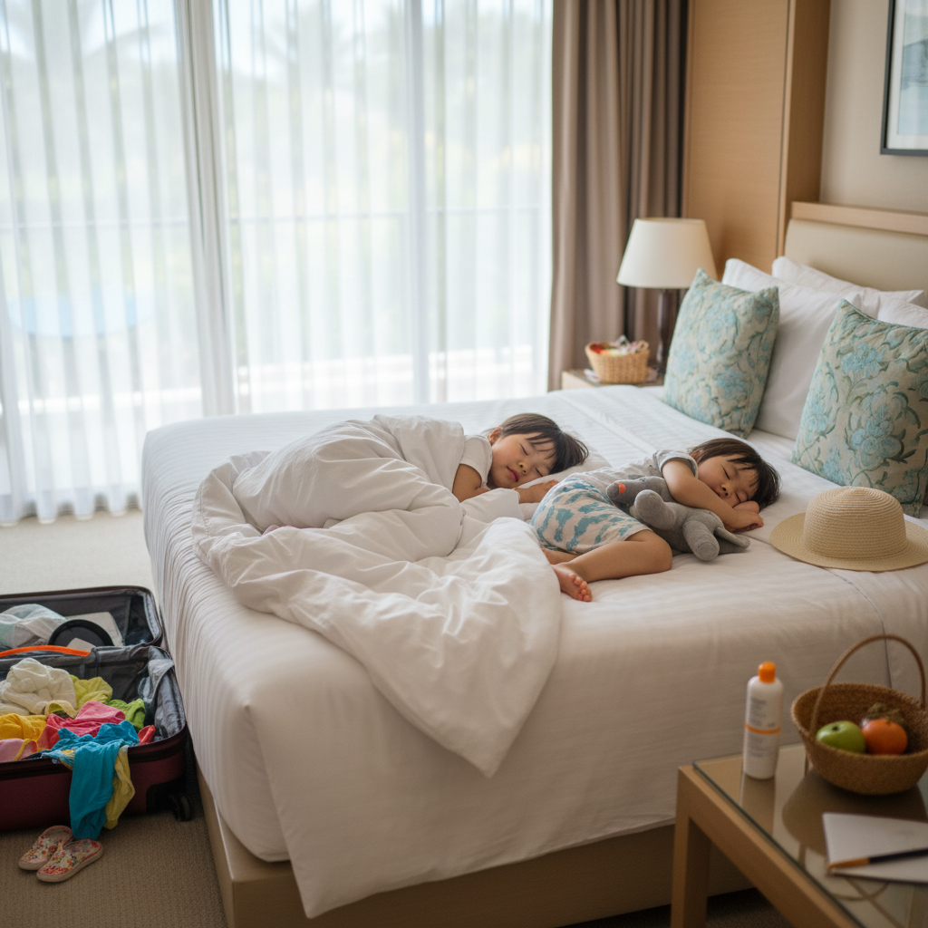 호텔 침대에서 곤히 잠든 두 아이