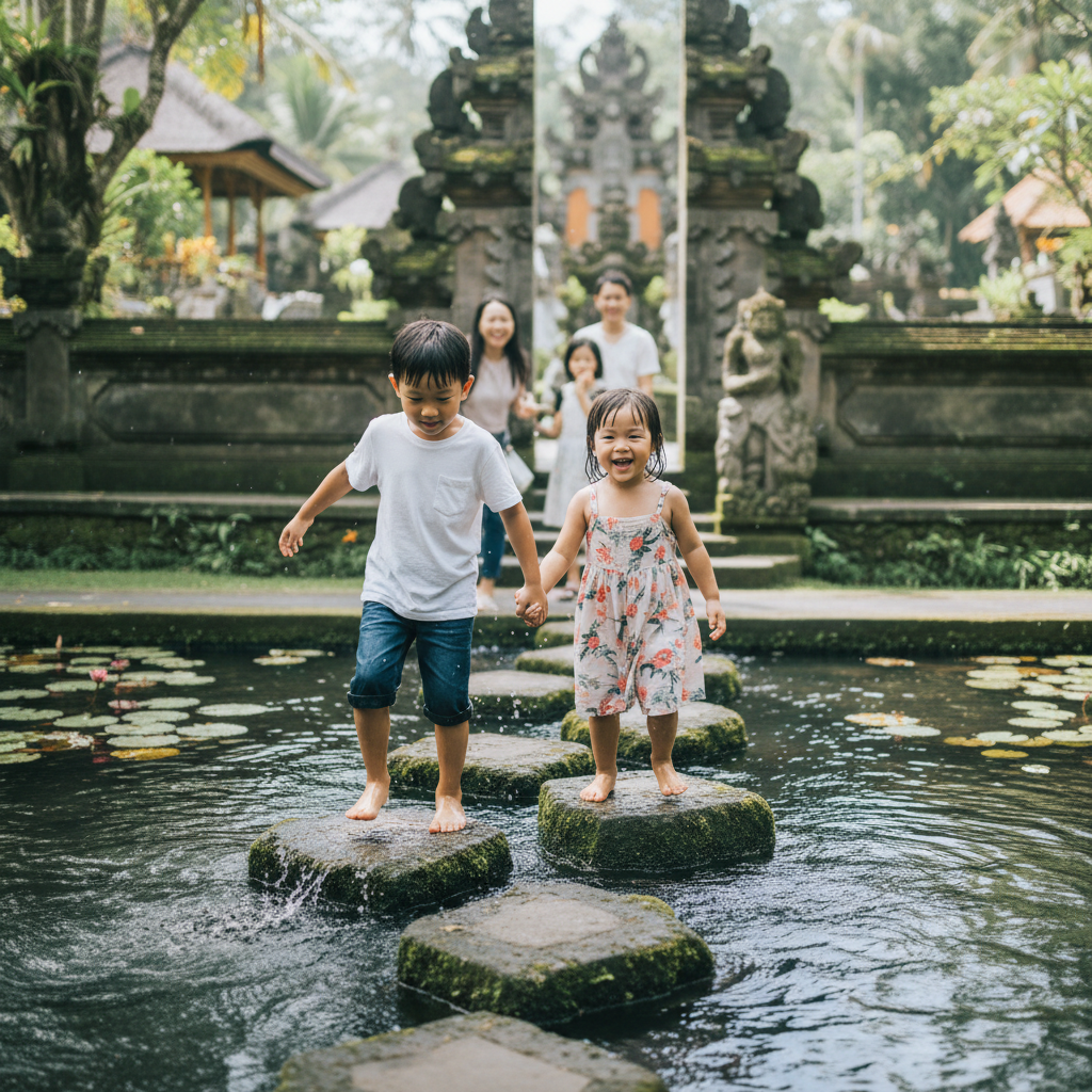 띠르따 강가 징검다리에서 즐겁게 노는 아이들