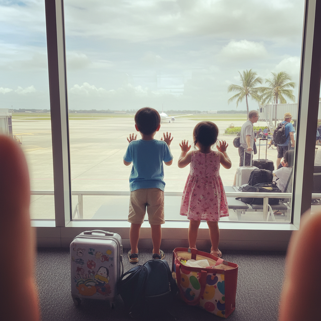 공항에서 출발을 기다리는 신난 아이들의 뒷모습