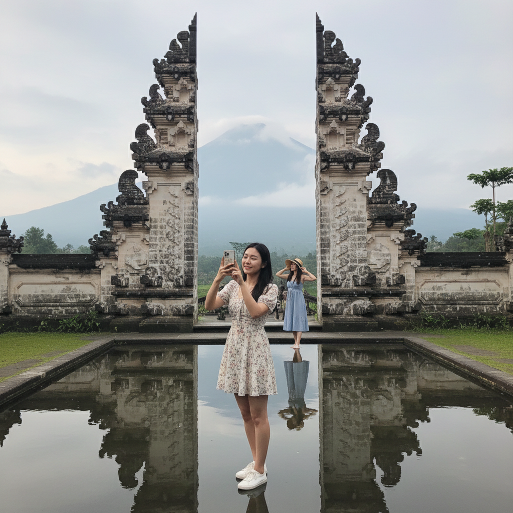 렘푸양 사원의 천국의 문 사이로 보이는 아궁 화산의 신비로운 모습