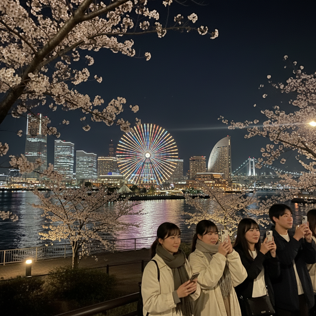 요코하마 항구의 야경과 화려한 불빛의 대관람차