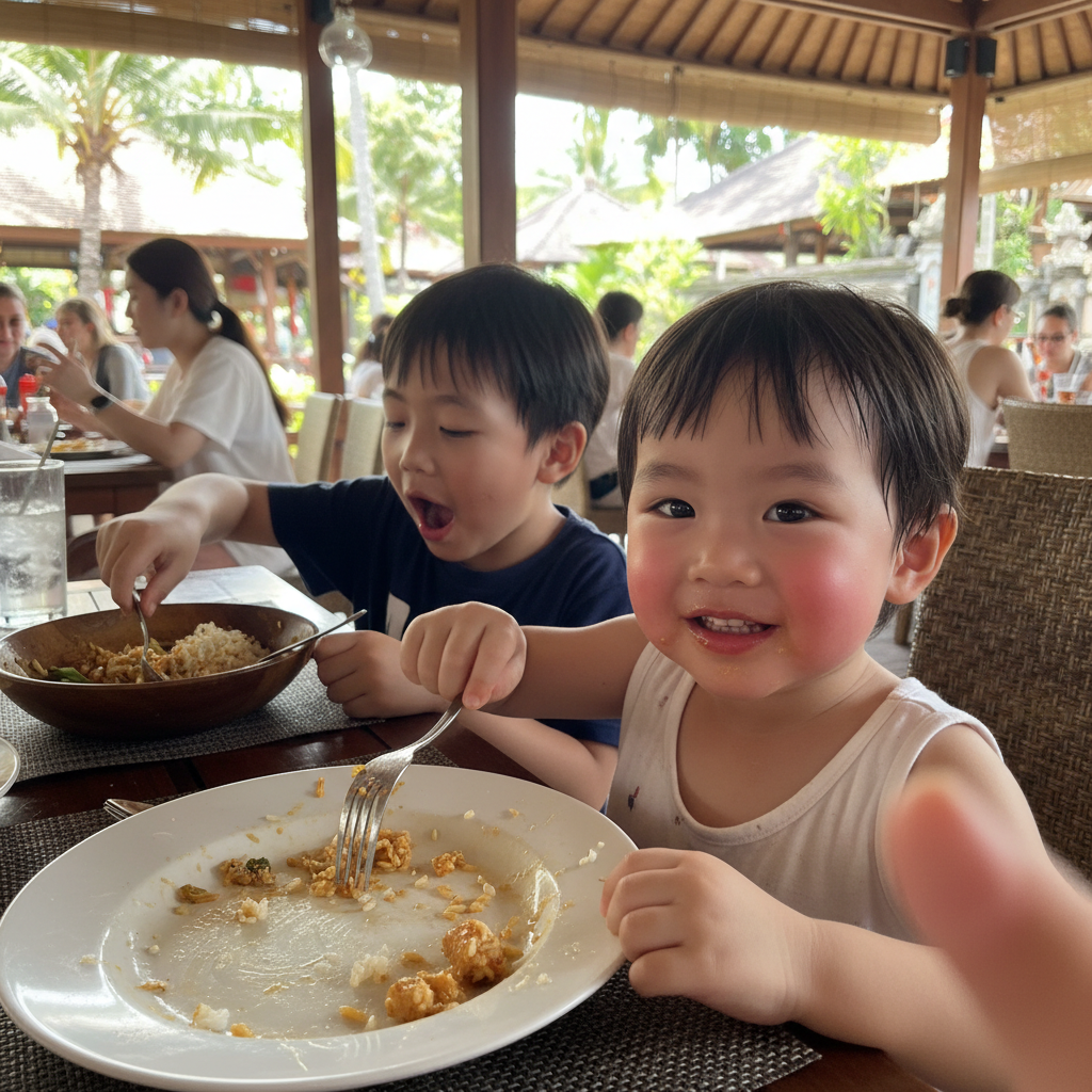식당에서 나시 고렝을 맛있게 먹는 아이