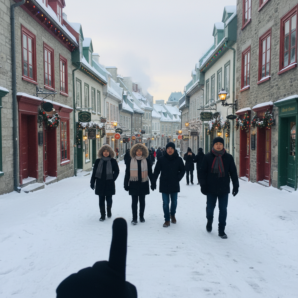 눈 덮인 퀘벡의 쁘띠 샹플랭 거리 전경