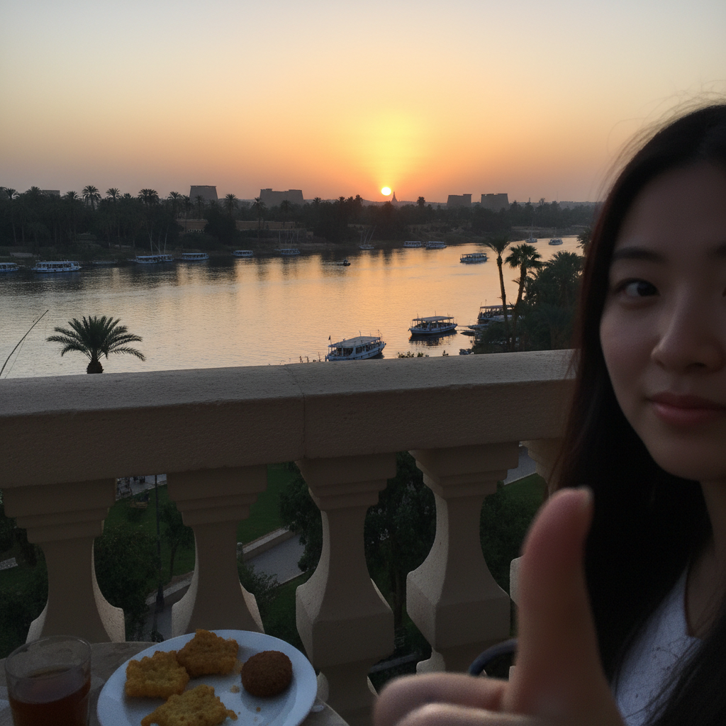 호텔 발코니에서 바라본 노을 지는 나일강 풍경