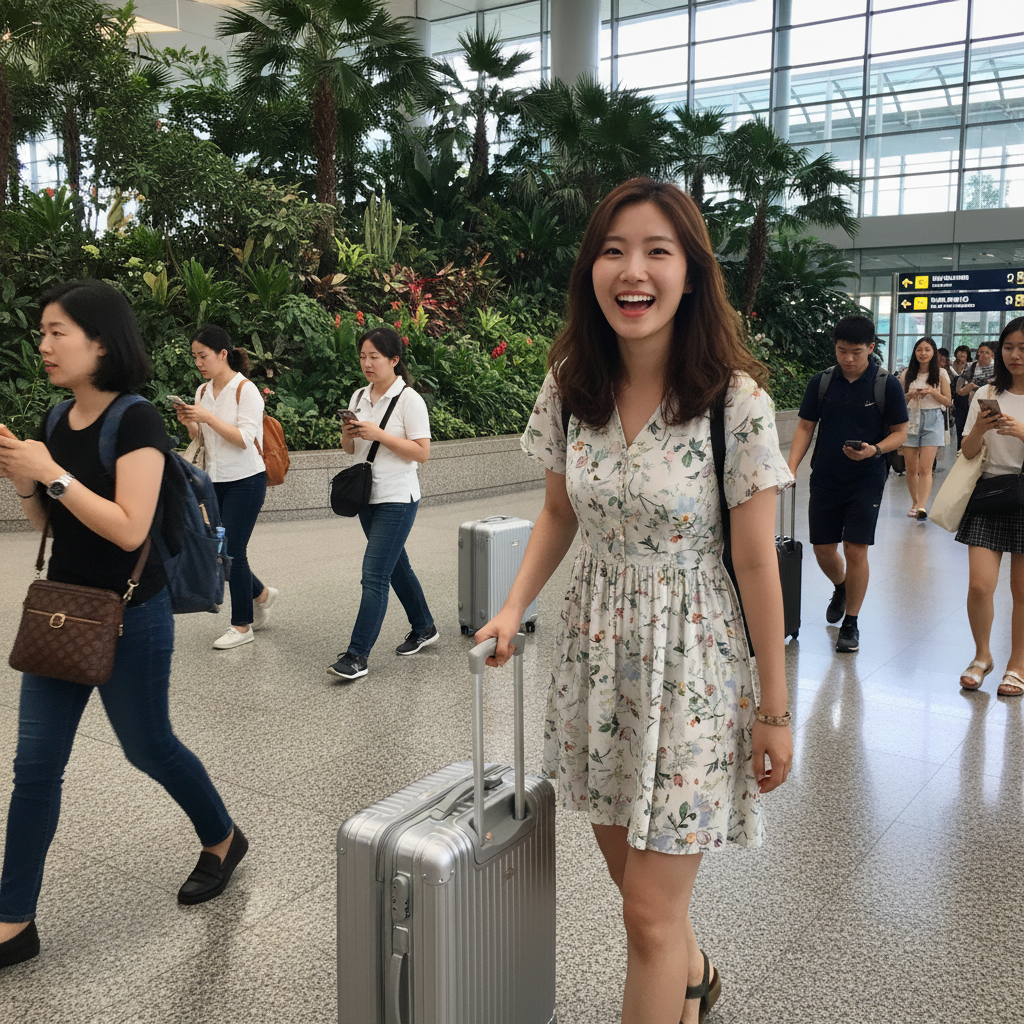 창이공항 도착 게이트 앞, 설레는 표정으로 캐리어를 끌고 있는 모습