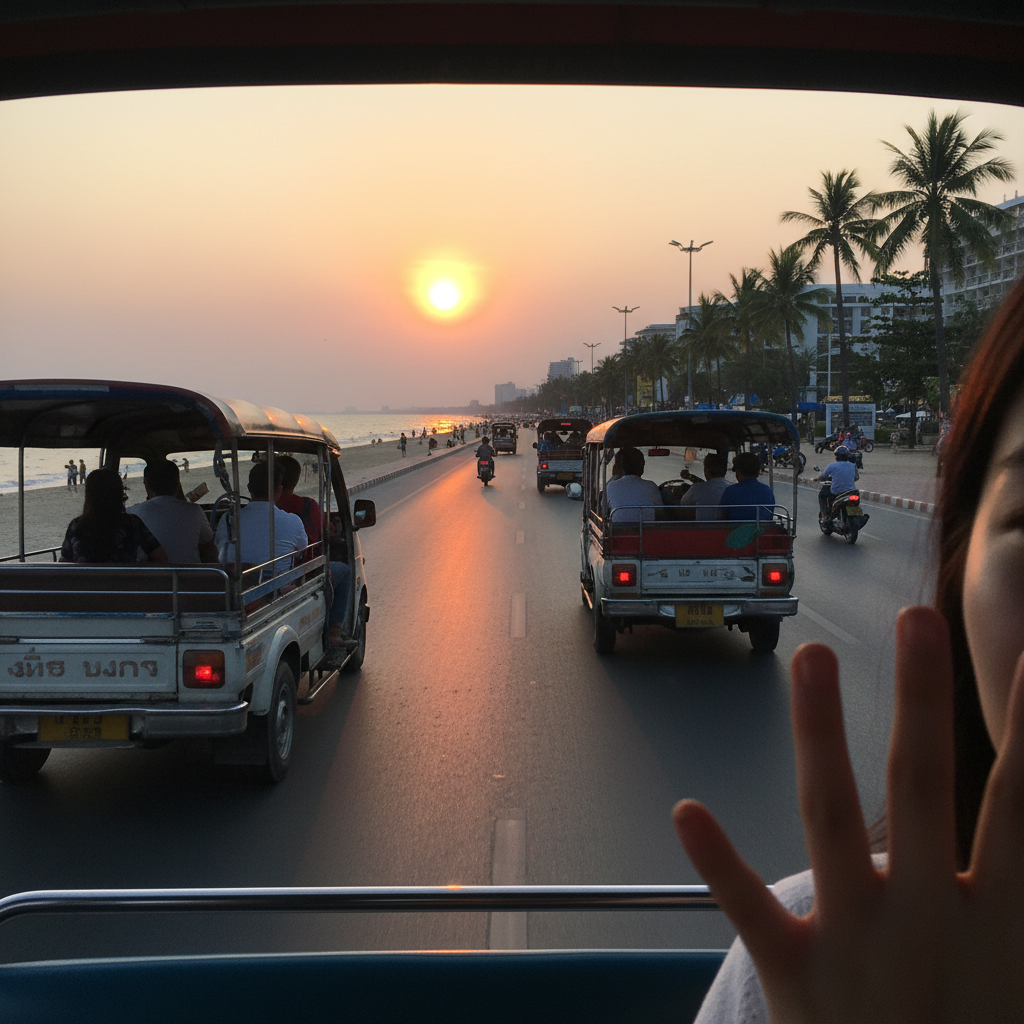 해 질 녘 파타야 해변을 달리는 썽태우 뒤에서 찍은 사진