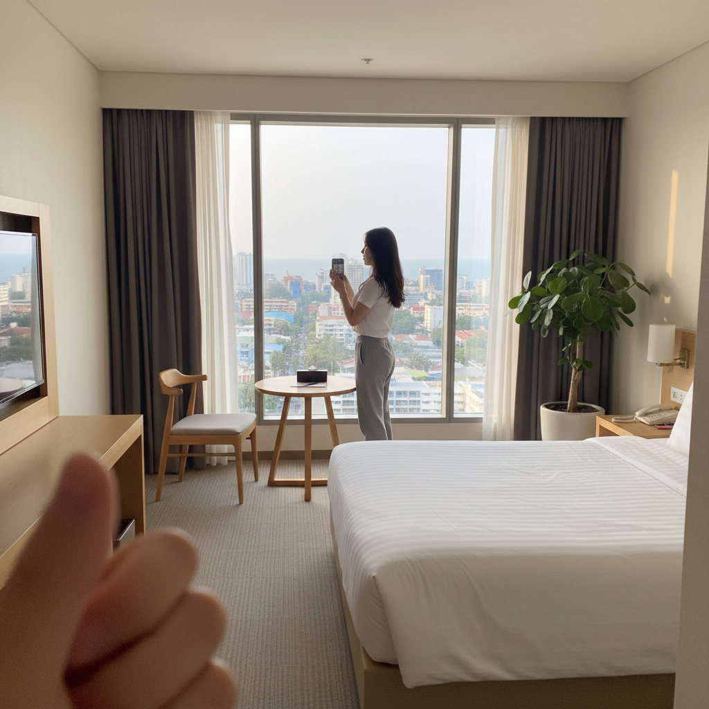 깔끔한 인테리어의 호텔 룸과 창밖으로 보이는 파타야 시내 풍경