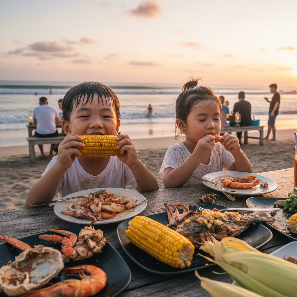 짐바란 해변에서 해산물과 옥수수를 맛있게 먹고 있는 아이들