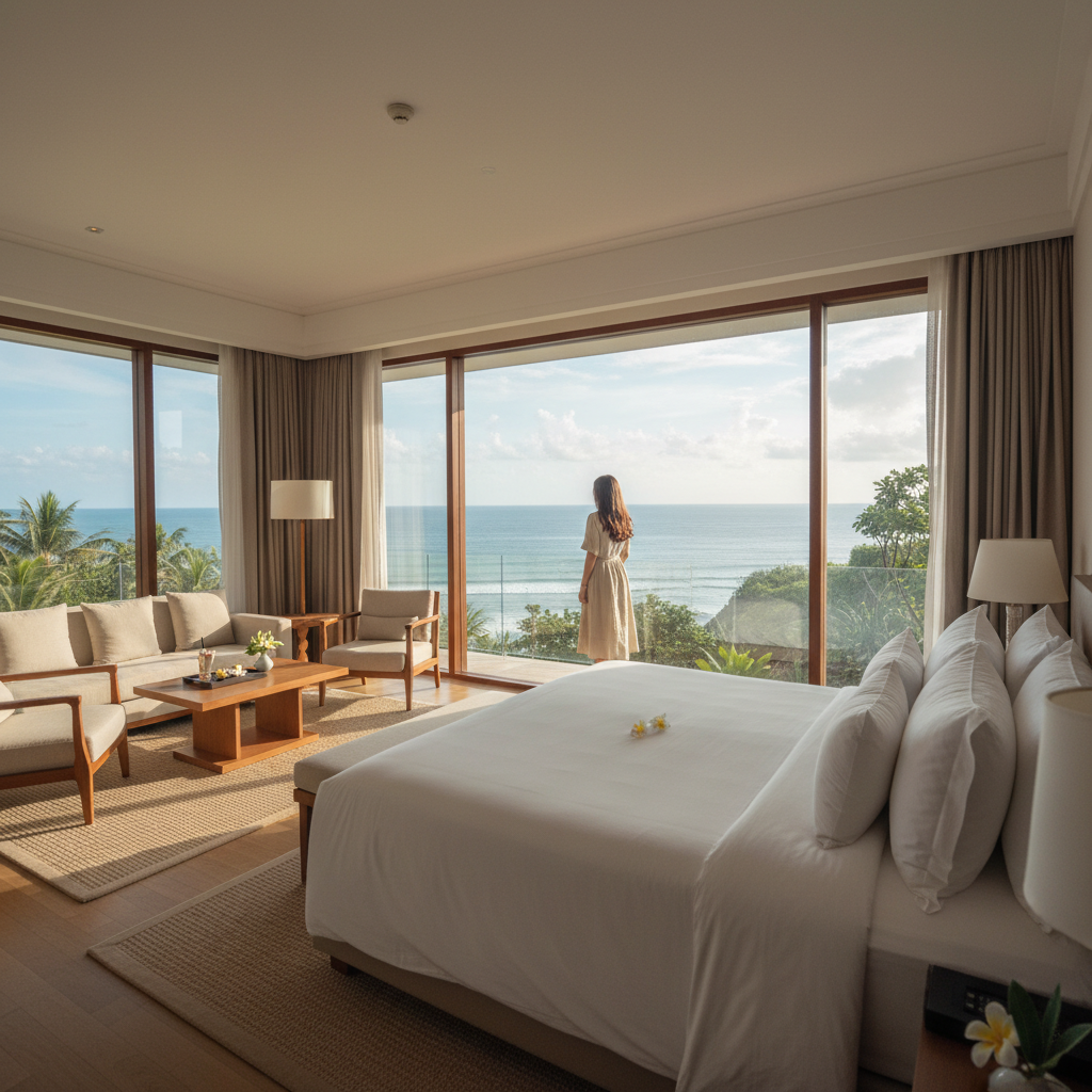 오션뷰가 펼쳐진 넓고 고급스러운 호텔 스위트룸 객실