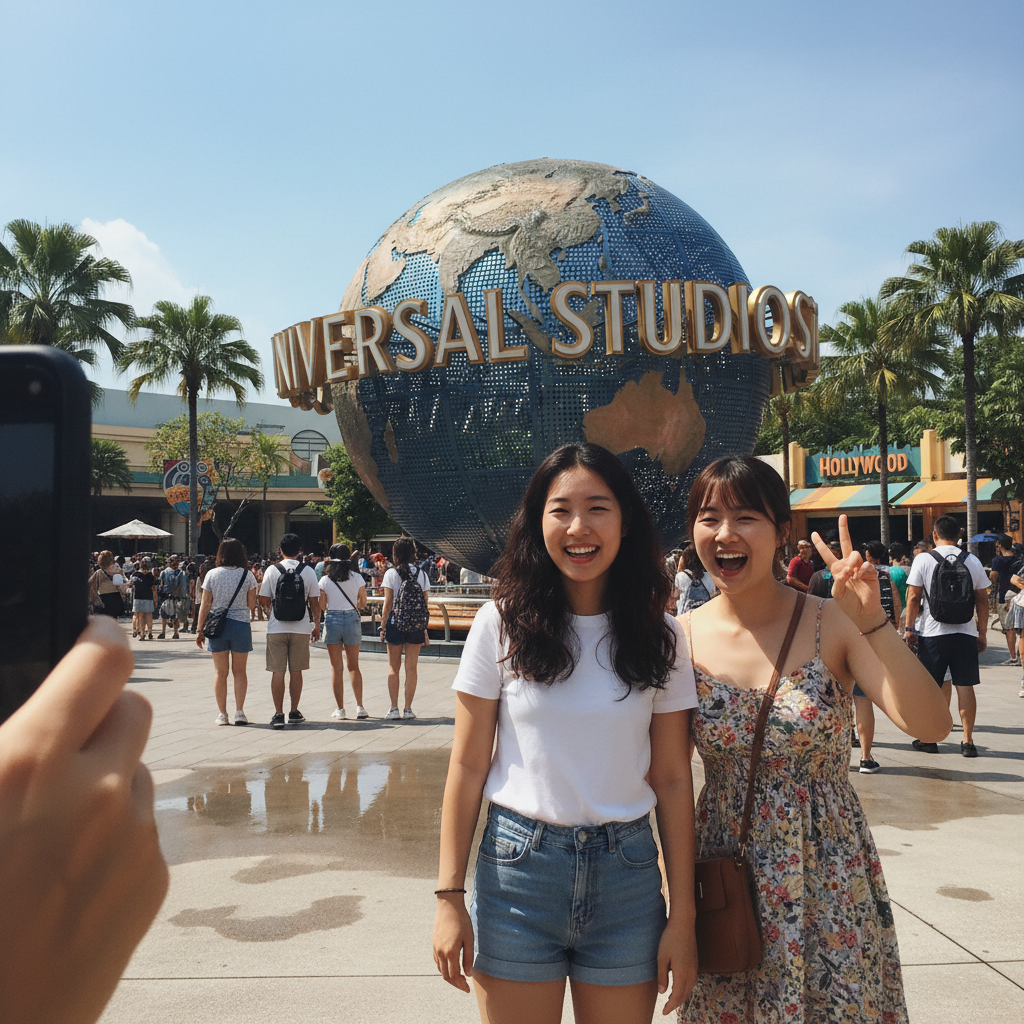 유니버설 스튜디오의 상징인 지구본 앞에서 친구와 함께 찍은 사진