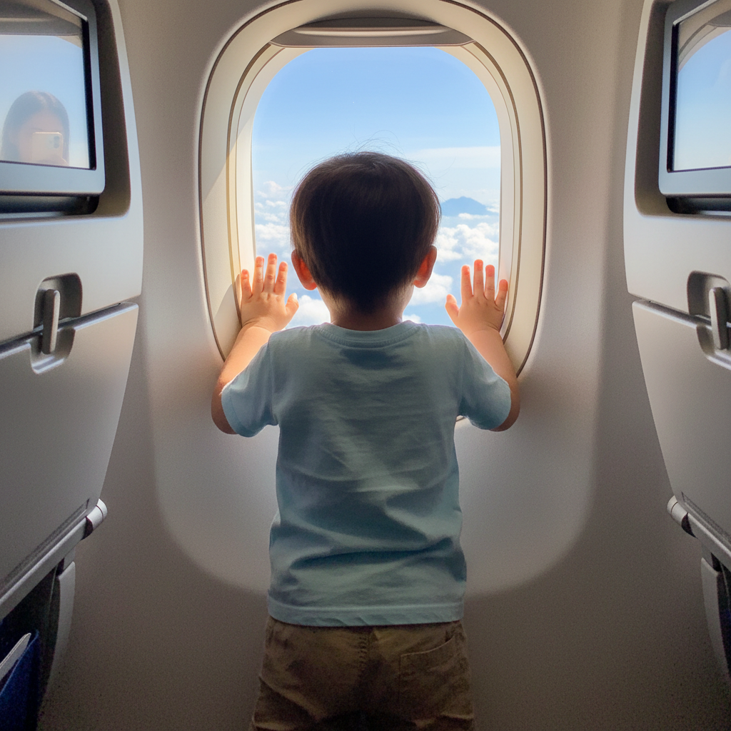 비행기 창밖을 구경하는 아이의 뒷모습