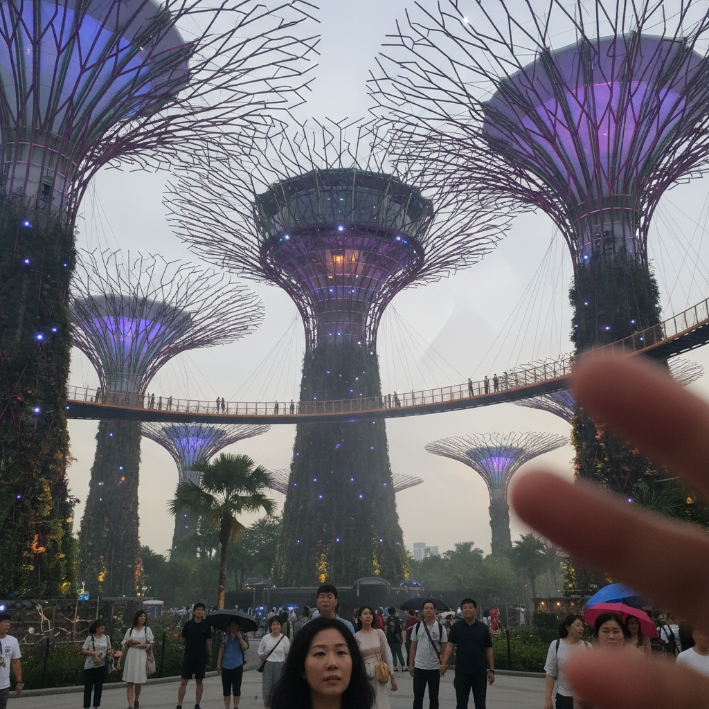 가든스 바이 더 베이의 슈퍼트리 아래에서 위를 올려다보며 찍은 사진