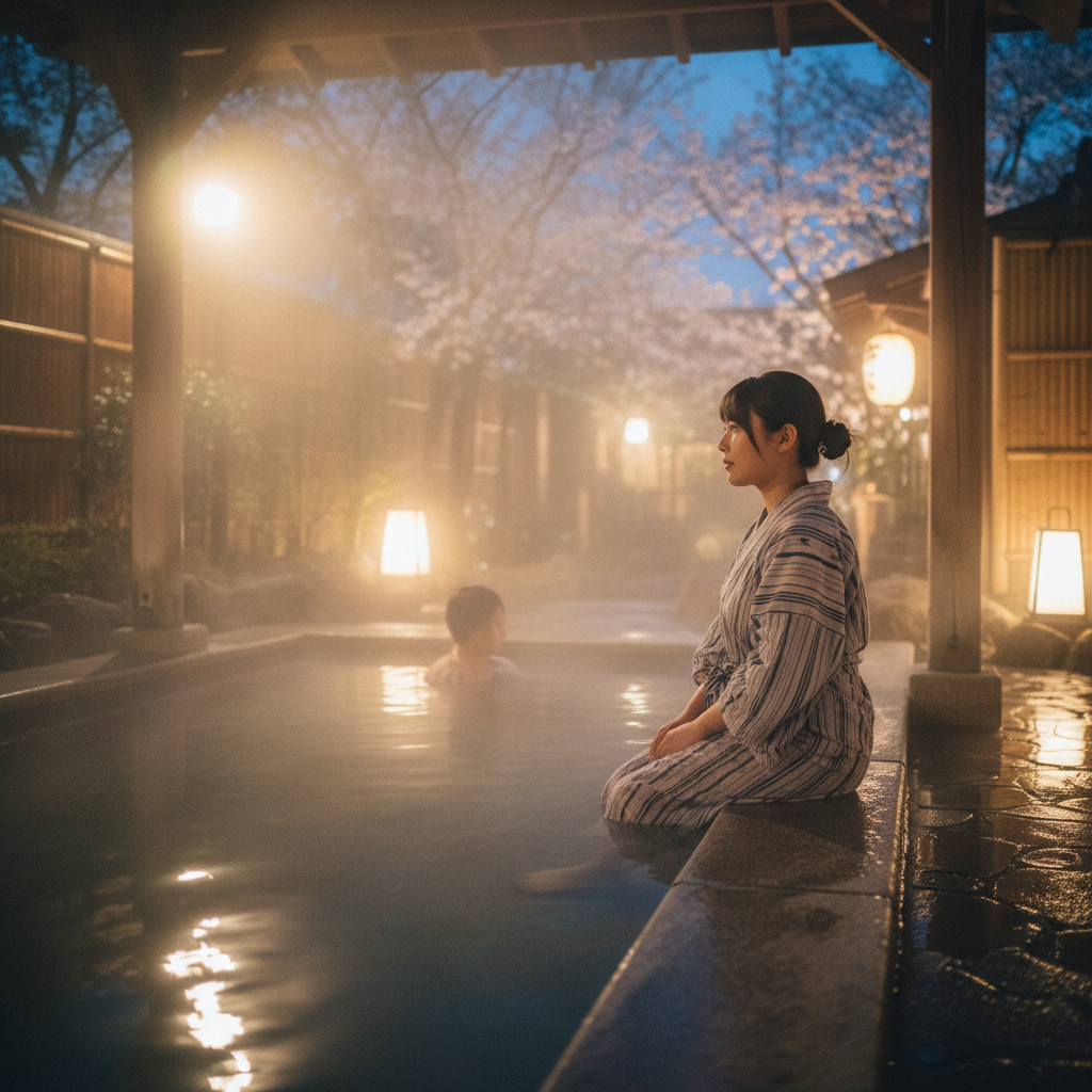 김이 모락모락 피어나는 노천 온천의 고즈넉한 야경