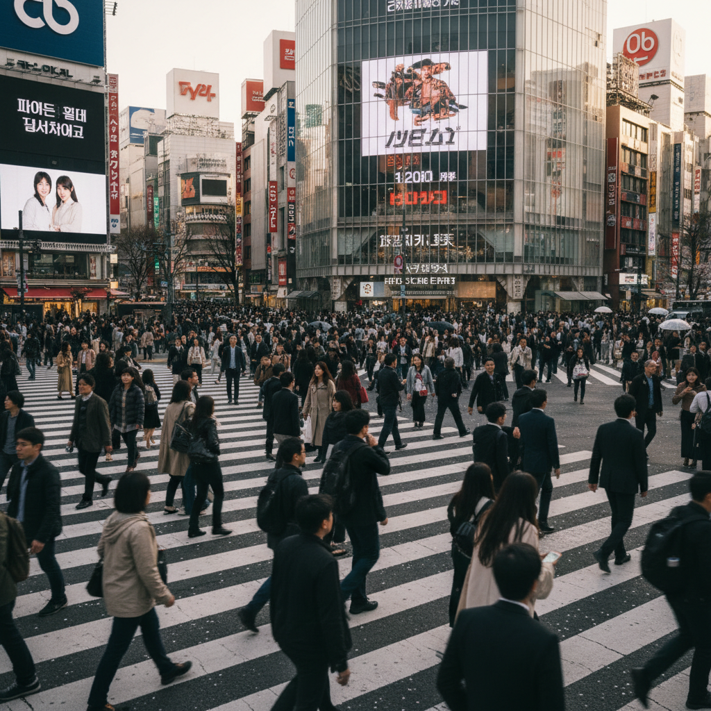 수많은 인파가 엇갈리는 시부야 스크램블 교차로의 역동적인 모습