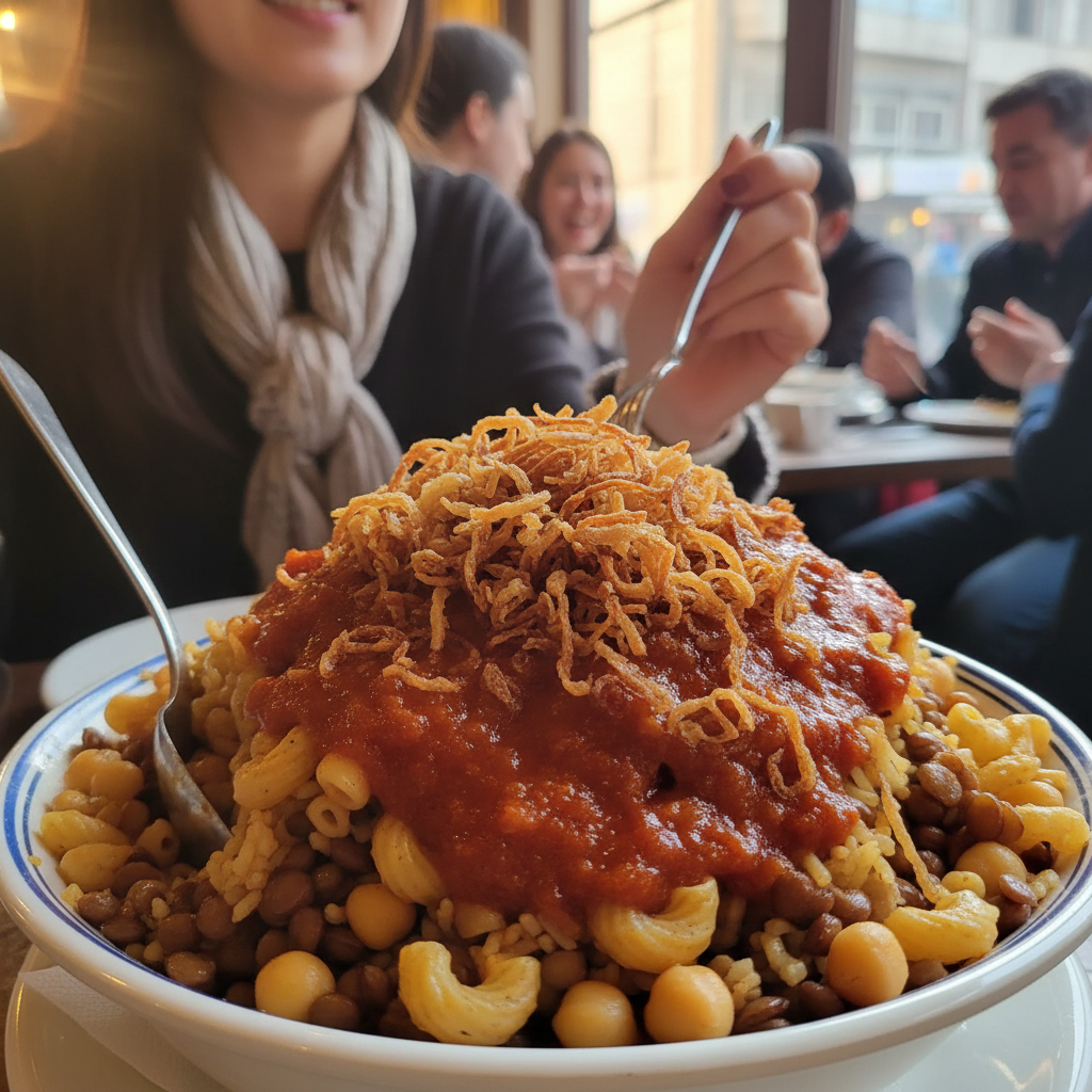 토마토 소스와 튀긴 양파가 듬뿍 올라간 코샤리 한 그릇