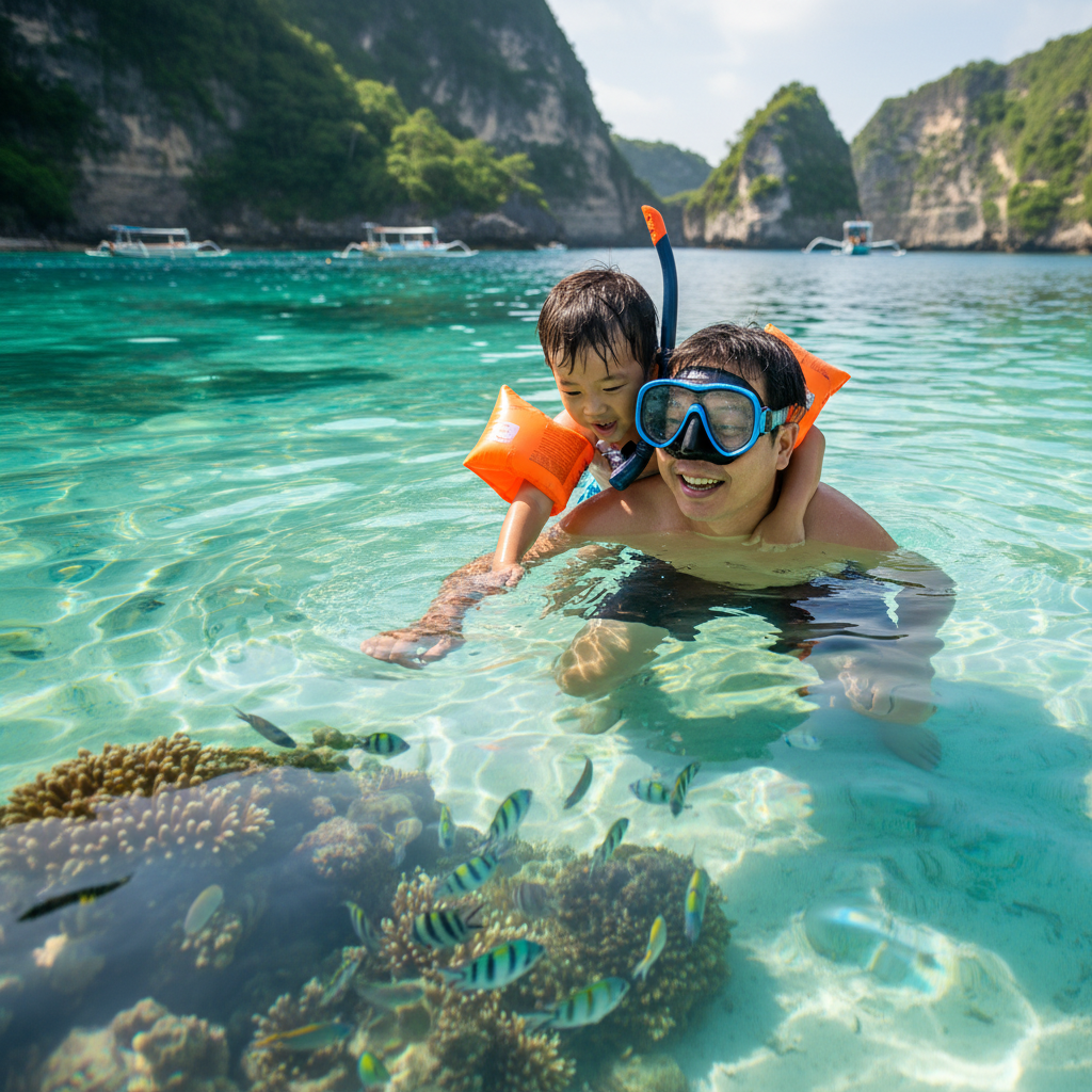 누사페니다 섬에서 아빠와 함께 스노클링을 즐기는 첫째 아이