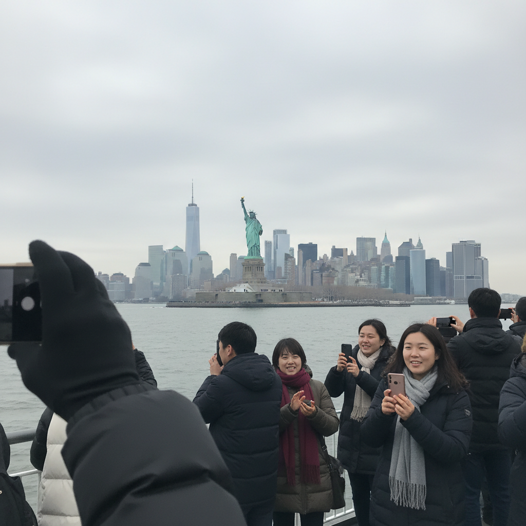 유람선에서 바라본 자유의 여신상과 맨해튼 스카이라인
