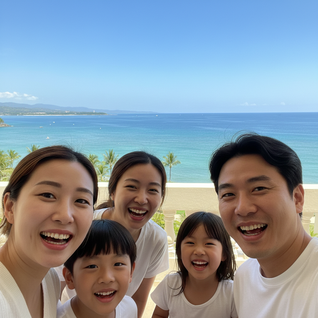 호텔 룸 테라스에서 바다를 배경으로 활짝 웃고 있는 가족 사진