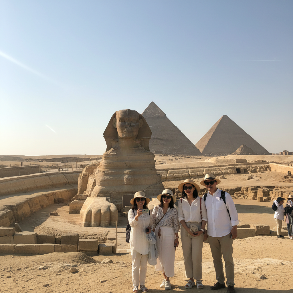 기자 피라미드와 스핑크스가 함께 보이는 광활한 전경