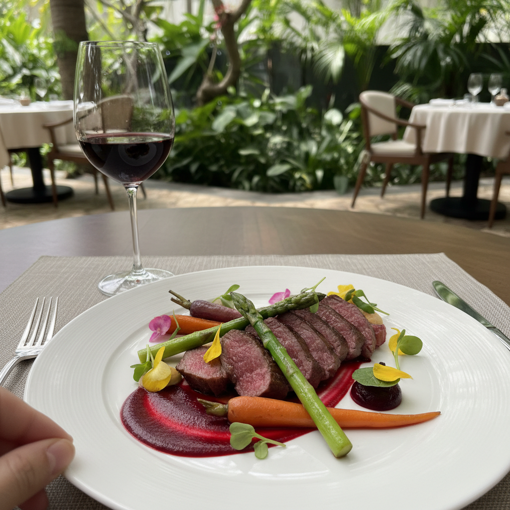 예술 작품처럼 아름답게 플레이팅된 파인다이닝 메인 요리