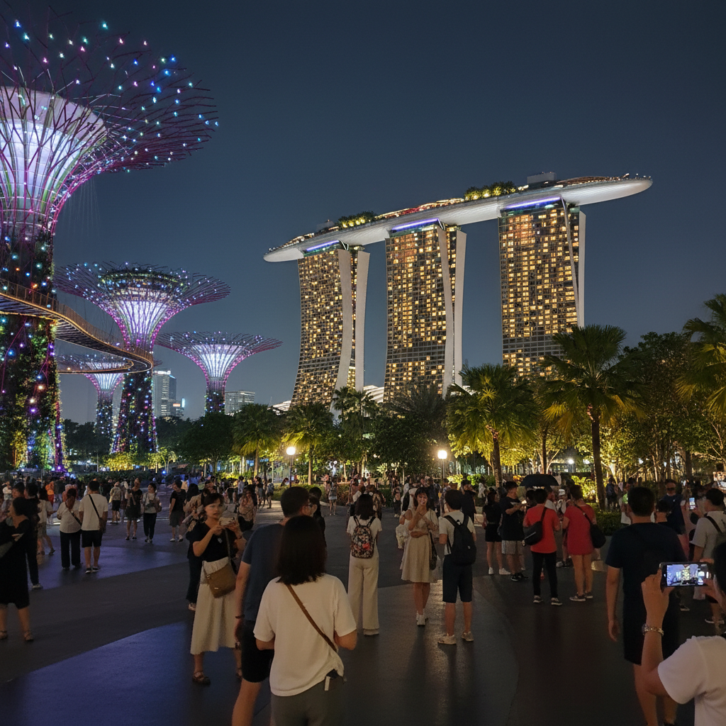 마리나 베이 샌즈와 슈퍼트리 그로브가 함께 보이는 싱가포르 야경