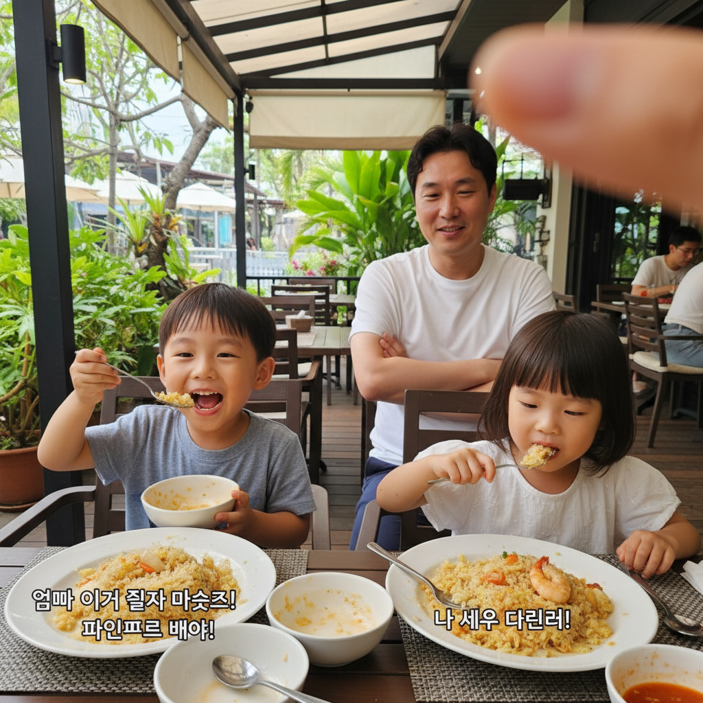 볶음밥을 야무지게 먹고 있는 아이들과 흐뭇하게 바라보는 아빠