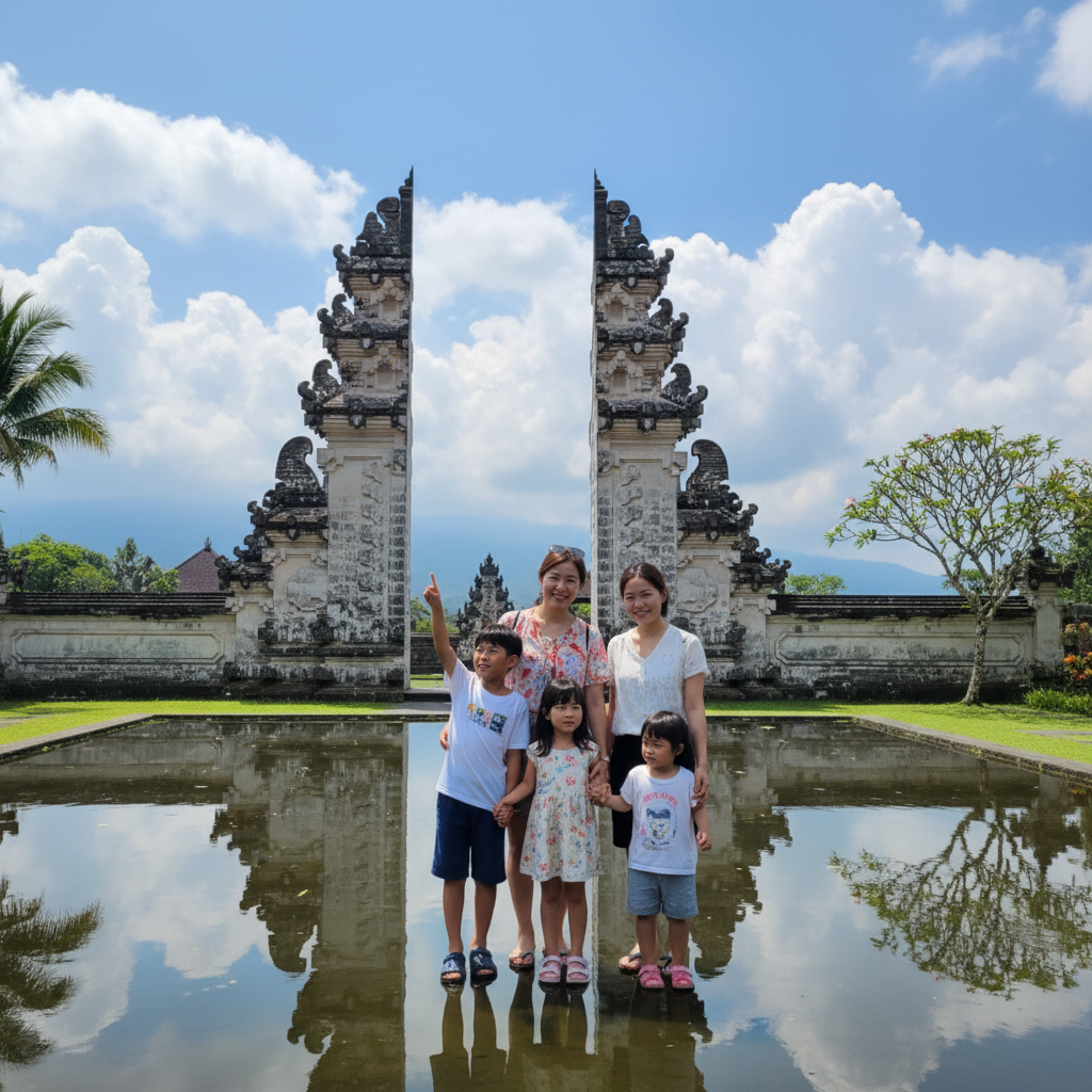 렘푸양 사원 천국의 문 앞에서 포즈를 취한 네 가족