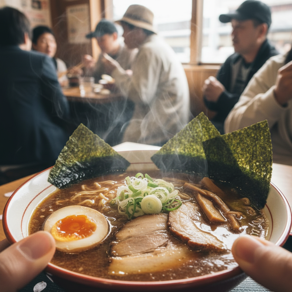 먹음직스러운 김이 올라오는 진한 국물의 일본 라멘 한 그릇