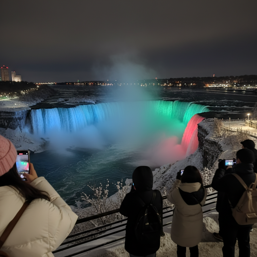 조명이 켜진 겨울 나이아가라 폭포 야경