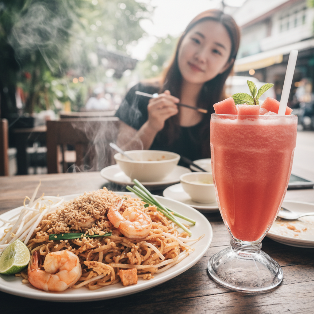 김이 모락모락 나는 팟타이와 시원한 땡모반