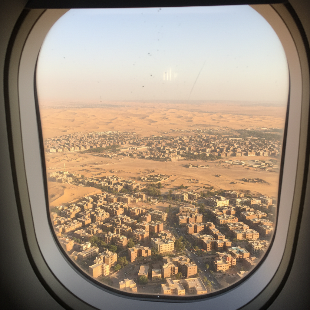 비행기 창문 너머로 보이는 끝없는 사막과 도시 풍경