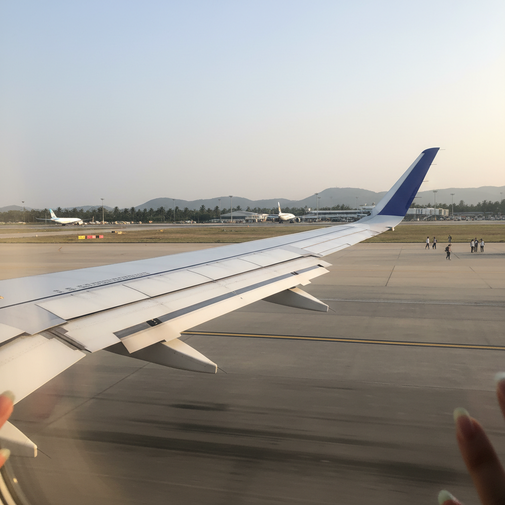 활주로에서 막 이륙하려는 비행기 날개