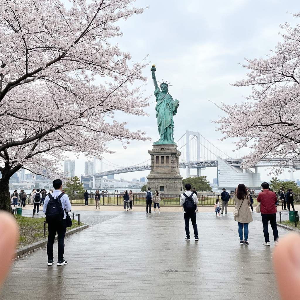 오다이바 해변 공원에서 레인보우 브릿지를 배경으로 서 있는 자유의 여신상